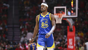 Apr 20, 2025; Houston, Texas, USA; Golden State Warriors forward Jimmy Butler III (10) walks on the court during the second quarter against the Houston Rockets at Toyota Center. Mandatory Credit: Troy Taormina-Imagn Images