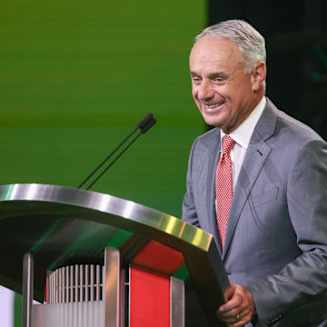 Jul 13, 2025; Atlanta, GA, USA; MLB Commissioner Rob Manfred announces the pick for the Athletics pick during the MLB Draft at The Coca-Cola Roxy. Mandatory Credit: Brett Davis-Imagn Images