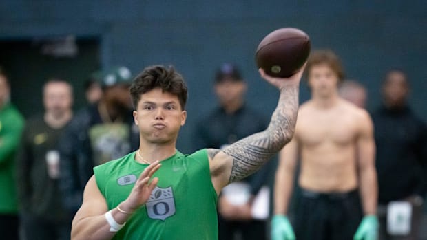 Oregon quarterback Dillon Gabriel throws out a pass during the Oregon football’s Pro Day Tuesday, March 18, 2025, at the Mosh