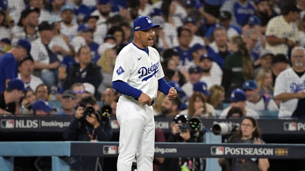 Los Angeles Dodgers manager Dave Roberts arguing a call.