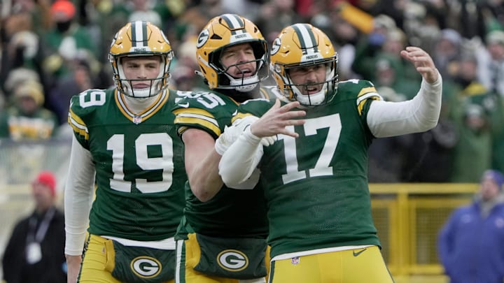 Green Bay Packers place kicker Brandon McManus (17) celebrates his 55-yard field goal during the fourth quarter vs. Chicago.