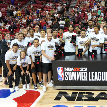 Jul 17, 2022; Las Vegas, NV, USA; The Portland Trail Blazers pose for photos after winning the NBA Summer League Championship game by defeating the New York Knicks 85-77 at Thomas & Mack Center. Center. Mandatory Credit: Stephen R. Sylvanie-USA TODAY Sports