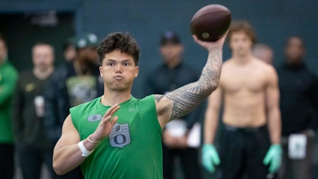 Oregon quarterback Dillon Gabriel throws out a pass during the Oregon football’s Pro Day Tuesday, March 18, 2025