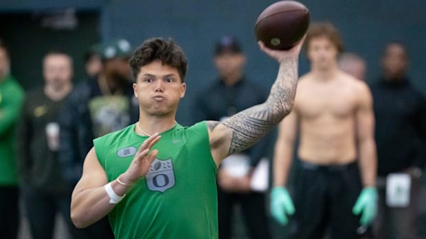 Oregon quarterback Dillon Gabriel throws out a pass during the Oregon football’s Pro Day Tuesday, March 18, 2025,