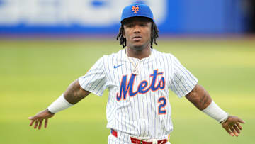 Apr 30, 2025; New York City, New York, USA; New York Mets second baseman Luisangel Acuna (2) prior to the game against the Arizona Diamondbacks at Citi Field. Mandatory Credit: Gregory Fisher-Imagn Images
