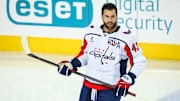 Jan 28, 2025; Calgary, Alberta, CAN; Washington Capitals right wing Tom Wilson (43) skates during the warmup period against the Calgary Flames at Scotiabank Saddledome. Mandatory Credit: Sergei Belski-Imagn Images