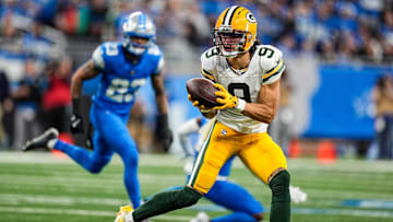 Green Bay Packers wide receiver Christian Watson (9) makes a catch against Detroit Lions during the first half at Ford Field in Detroit on Thursday, Dec. 5, 2024.