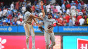 Aug 18, 2024; Philadelphia, Pennsylvania, USA; Washington Nationals shortstop CJ Abrams (5) and second base Luis García Jr. (2) celebrate win against the Philadelphia Phillies at Citizens Bank Park.