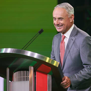 Jul 13, 2025; Atlanta, GA, USA; MLB Commissioner Rob Manfred announces the pick for the Athletics pick during the MLB Draft at The Coca-Cola Roxy. Mandatory Credit: Brett Davis-Imagn Images