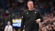 Kansas Jayhawks head coach Bill Self makes adjustments in the second half of the game against Arizona State Sun Devils inside Allen Fieldhouse Wednesday, Jan. 8, 2025.