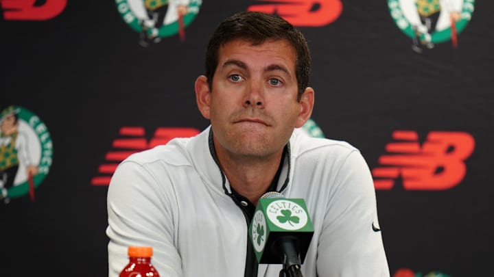 Oct 2, 2023; Boston, Celtics, USA; Boston Celtics president of basketball operations Brad Stevens talks during Boston Celtics Media Day. Mandatory Credit: David Butler II-Imagn Images