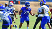 Jun 8, 2022; Los Angeles, CA, USA;  Los Angeles Rams tackle Rob Havenstein (79) during mini camp at Cal Lutheran University. Mandatory Credit: Gary A. Vasquez-USA TODAY Sports