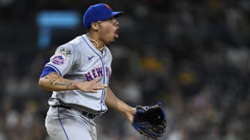Aug 24, 2024; San Diego, California, USA; New York Mets relief pitcher Dedniel Núñez (72) celebrates on the field after defeating the San Diego Padres at Petco Park. Mandatory Credit: Orlando Ramirez-USA TODAY Sports