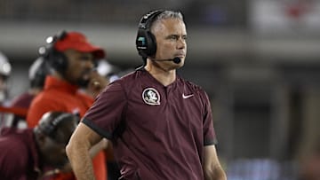 Sep 28, 2024; Dallas, Texas, USA; Florida State Seminoles head coach Mike Norvell during the game between the Southern Methodist Mustangs and the Florida State Seminoles at Gerald J. Ford Stadium. Mandatory Credit: Jerome Miron-Imagn Images