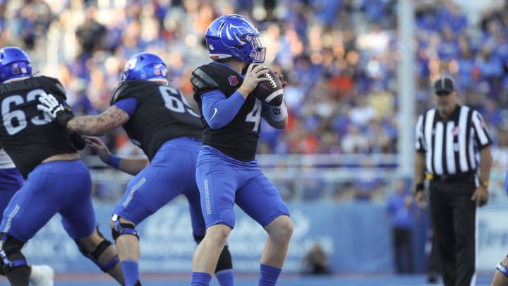 Oct 7, 2023; Boise, Idaho, USA; Boise State Broncos quarterback Maddux Madsen (4) during the first half against the San Jose State Spartans at Albertsons Stadium. Mandatory Credit: Brian Losness-USA TODAY Sports


