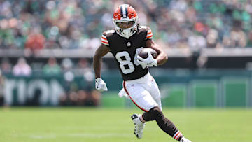 Aug 16, 2025; Philadelphia, Pennsylvania, USA; Cleveland Browns wide receiver Gage Larvadain (84) in action against the Philadelphia Eagles at Lincoln Financial Field.