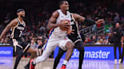 Nov 18, 2025; Atlanta, Georgia, USA; Detroit Pistons center Jalen Duren (0) drives to the basket against the Atlanta Hawks in the first quarter at State Farm Arena. Mandatory Credit: Brett Davis-Imagn Images