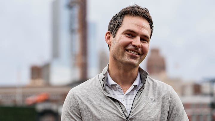 Detroit Tigers president of baseball operations Scott Harris talks to a TV reporter before a game against Chicago White Sox at Comerica Park in Detroit on Friday, Sept. 27, 2024.