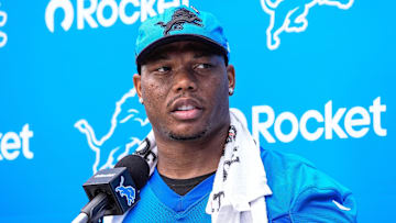 Detroit Lions running back David Montgomery (5) answers a question after practice during training camp at Meijer Performance Center in Allen Park on Sunday, July 20, 2025.