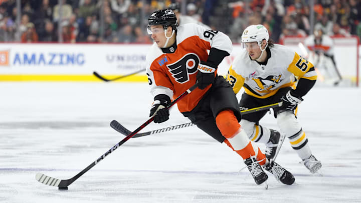 Feb 8, 2025; Philadelphia, Pennsylvania, USA; Philadelphia Flyers left wing Andrei Kuzmenko (96) controls the puck against the Pittsburgh Penguins in the second period at Wells Fargo Center. Mandatory Credit: Kyle Ross-Imagn Images Feb 8, 2025; Philadelphia, Pennsylvania, USA; Philadelphia Flyers left wing Andrei Kuzmenko (96) controls the puck against the Pittsburgh Penguins in the second period at Wells Fargo Center. Mandatory Credit: Kyle Ross-Imagn Images