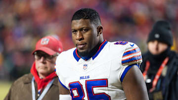 Jan 26, 2025; Kansas City, MO, USA; Buffalo Bills tight end Quintin Morris (85) against the Kansas City Chiefs during the AFC Championship game at GEHA Field at Arrowhead Stadium. Mandatory Credit: Mark J. Rebilas-Imagn Images