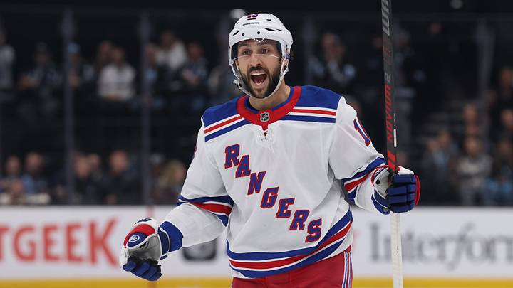 Jan 16, 2025; Salt Lake City, Utah, USA; New York Rangers center Vincent Trocheck (16) reacts to a call for the Utah Hockey Club during the second period at Delta Center. Mandatory Credit: Rob Gray-Imagn Images
