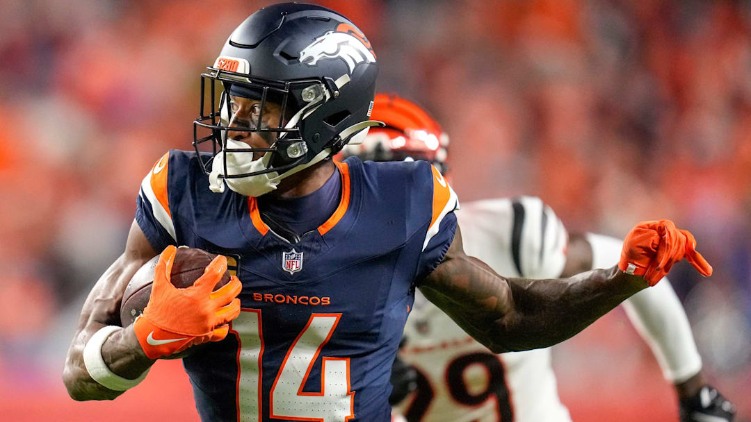 Denver Broncos wide receiver Courtland Sutton (14) runs with a catch in the second quarter of the NFL Week 4 Monday Night Football game between the Denver Broncos and the Cincinnati Bengals at Empower Field at Mile High in Denver on Monday, Sept. 29, 2025. Denver Broncos wide receiver Courtland Sutton (14) runs with a catch in the second quarter of the NFL Week 4 Monday Night Football game between the Denver Broncos and the Cincinnati Bengals at Empower Field at Mile High in Denver on Monday, Sept. 29, 2025.