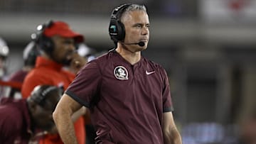 Sep 28, 2024; Dallas, Texas, USA; Florida State Seminoles head coach Mike Norvell during the game between the Southern Methodist Mustangs and the Florida State Seminoles at Gerald J. Ford Stadium. Mandatory Credit: Jerome Miron-Imagn Images