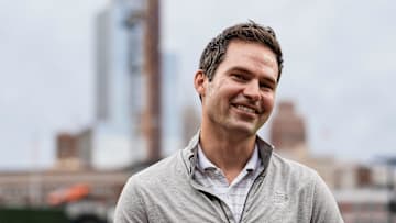 Detroit Tigers president of baseball operations Scott Harris talks to a TV reporter before a game against Chicago White Sox at Comerica Park in Detroit on Friday, Sept. 27, 2024.