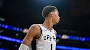 Feb 23, 2024; Los Angeles, California, USA; San Antonio Spurs center Victor Wembanyama (1) against the Los Angeles Lakers during the second half at Crypto.com Arena.