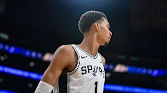 Feb 23, 2024; Los Angeles, California, USA; San Antonio Spurs center Victor Wembanyama (1) against the Los Angeles Lakers during the second half at Crypto.com Arena.