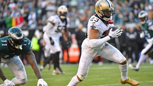 New Orleans Saints cornerback Marshon Lattimore (23) returns an interception for a touchdown against the Philadelphia Eagles