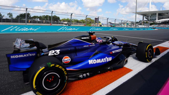 May 3, 2024; Miami Gardens, Florida, USA; Williams driver Alexander Albon (23) races out of turn 17 during F1 Sprint Qualifying at Miami International Autodrome. Mandatory Credit: John David Mercer-USA TODAY Sports