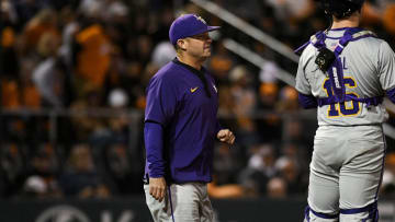 LSU's head baseball coach Jay Johnson visits the mound during a NCAA baseball game at Lindsey Nelson Stadium on Friday, April 12, 2024. Tennessee won 6-3 against LSU.