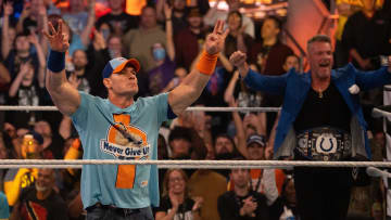 John Cena fires up the crowd during the WWE Fastlane pro wrestling event Saturday, Oct. 7, 2023, at the Gainbridge Fieldhouse in Indianapolis.