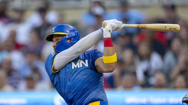 Minnesota Twins designated hitter Royce Lewis (23) hits a two-run home run against the Chicago White Sox in the first inning at Target Field in Minneapolis on Aug. 2, 2024. 