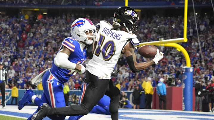 Sep 7, 2025; Orchard Park, New York, USA; Baltimore Ravens wide receiver DeAndre Hopkins (10) scores a touchdown against Buffalo Bills during the third quarter at Highmark Stadium. Mandatory Credit: Gregory Fisher-Imagn Images Sep 7, 2025; Orchard Park, New York, USA; Baltimore Ravens wide receiver DeAndre Hopkins (10) scores a touchdown against Buffalo Bills during the third quarter at Highmark Stadium. Mandatory Credit: Gregory Fisher-Imagn Images
