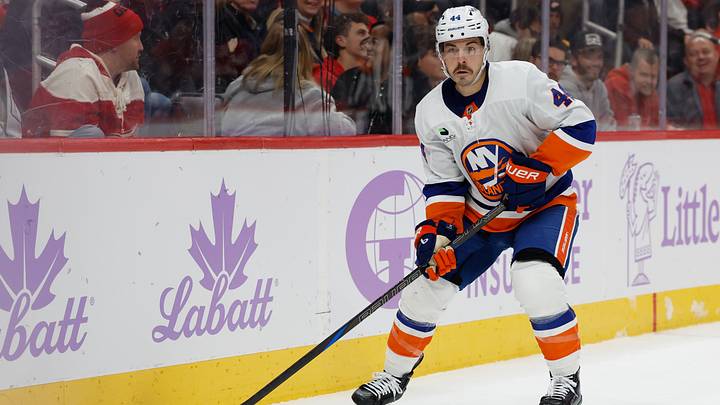 Nov 20, 2025; Detroit, Michigan, USA; New York Islanders center Jean-Gabriel Pageau (44) skates with the puck in the second period against the Detroit Red Wings at Little Caesars Arena. Mandatory Credit: Rick Osentoski-Imagn Images Nov 20, 2025; Detroit, Michigan, USA; New York Islanders center Jean-Gabriel Pageau (44) skates with the puck in the second period against the Detroit Red Wings at Little Caesars Arena. Mandatory Credit: Rick Osentoski-Imagn Images