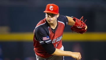 Aug 28, 2022; Phoenix, Arizona, US; West pitcher Travis Sykora (17) during the Perfect Game All-American Classic high school baseball game at Chase Field. Mandatory Credit: Mark J. Rebilas-USA TODAY Sports