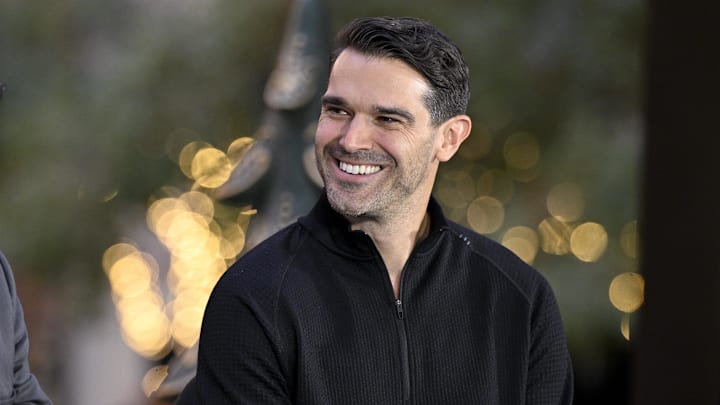 Dec 9, 2024; Dallas, TX, USA; Philadelphia Phillies general manager Preston Mattingly speaks with the MLB Network at the Hilton Anatole during the 2024 MLB Winter Meetings.