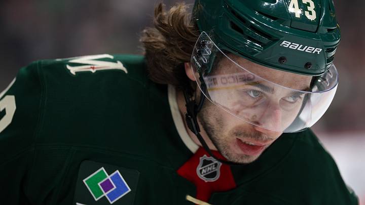 Apr 22, 2026; Saint Paul, Minnesota, USA; Minnesota Wild defenseman Quinn Hughes (43) looks on during the first period in game three of the first round of the 2026 Stanley Cup Playoffs against the Dallas Stars at Grand Casino Arena. Mandatory Credit: Matt Krohn-Imagn Images
