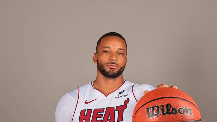 Sep 29, 2025; Miami, FL, USA; Miami Heat guard Norman Powell (24) poses for a photo during media day at Kaseya Center. Mandatory Credit: Sam Navarro-Imagn Images