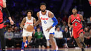 Feb 11, 2025; Philadelphia, Pennsylvania, USA; Philadelphia 76ers forward Paul George (8) drives with the ball against the Toronto Raptors in the first quarter at Wells Fargo Center. Mandatory Credit: Kyle Ross-Imagn Images