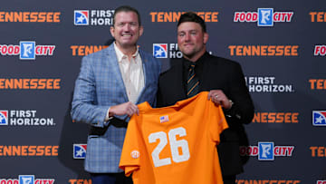 Josh Elander is formally introduced as Tennessee’s baseball coach by Tennessee athletics director Danny White on October 27, 2025, in Knoxville, Tenn.
