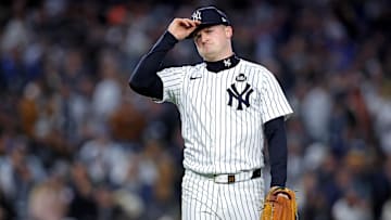 Oct 28, 2024; New York, New York, USA; New York Yankees pitcher Clarke Schmidt (36) reacts after getting the last out against the Los Angeles Dodgers in the top of the first inning in game three of the 2024 MLB World Series at Yankee Stadium. Mandatory Credit: Brad Penner-Imagn Images