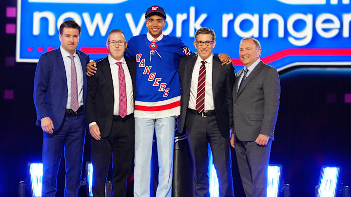 Jun 28, 2024; Las Vegas, Nevada, USA; Eric (EJ) Emery is selected by the New York Rangers with the 30th overall pick in the first round of the 2024 NHL Draft at The Sphere. Mandatory Credit: Stephen R. Sylvanie-Imagn Images