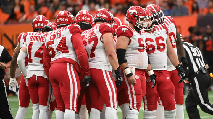 Jun 15, 2024; Vancouver, British Columbia, CAN;  Calgary Stampeders huddle during the second half against the BC Lions at BC Place. Mandatory Credit: Simon Fearn-USA TODAY Sports