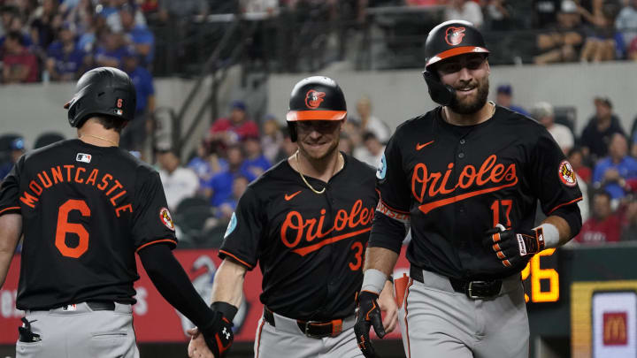 Jul 19, 2024; Arlington, Texas, USA; Baltimore Orioles outfielder Colton Cowser (17) heads to the dugout after hitting a two-run home run during the first inning against the Texas Rangers at Globe Life Field. Mandatory Credit: Raymond Carlin III-USA TODAY Sports