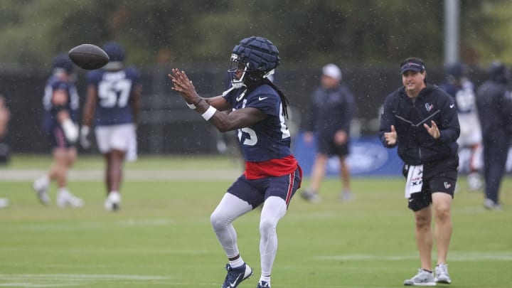 Jul 27, 2024; Houston, TX, USA; Houston Texans wide receiver Noah Brown (85) during training camp at Houston Methodist Training Center. Mandatory Credit: Troy Taormina-USA TODAY Sports