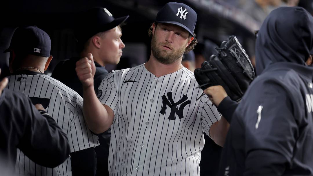 Sep 23, 2026; Bronx, New York, USA; New York Yankees starting pitcher Gerrit Cole (45) high-fives teammates in the dugout after being taken out of the game during the sixth inning against the Tampa Bay Rays at Yankee Stadium. Mandatory Credit: Brad Penner-Imagn Images Sep 23, 2026; Bronx, New York, USA; New York Yankees starting pitcher Gerrit Cole (45) high-fives teammates in the dugout after being taken out of the game during the sixth inning against the Tampa Bay Rays at Yankee Stadium. Mandatory Credit: Brad Penner-Imagn Images